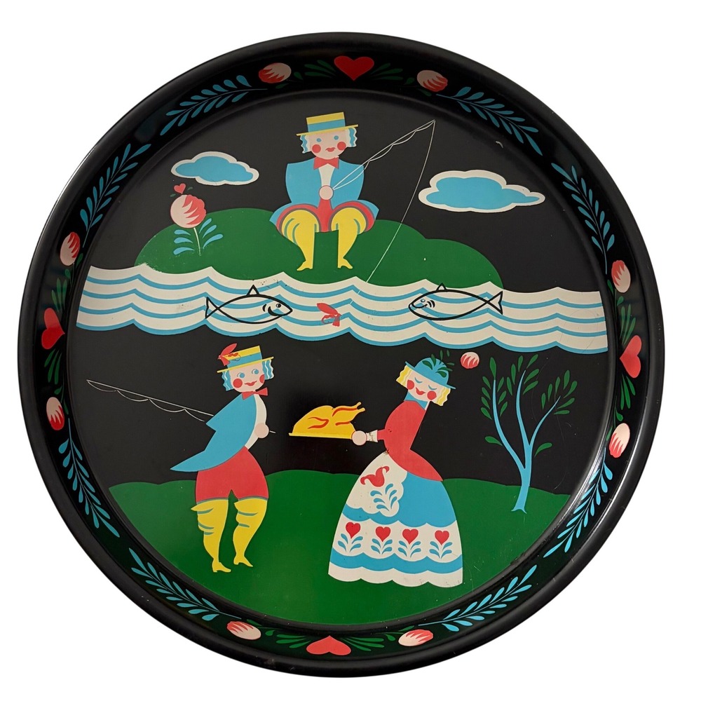 Vintage Masonware Metal Serving Tray Folk Art Fishing Scene Black Round 12.5 in